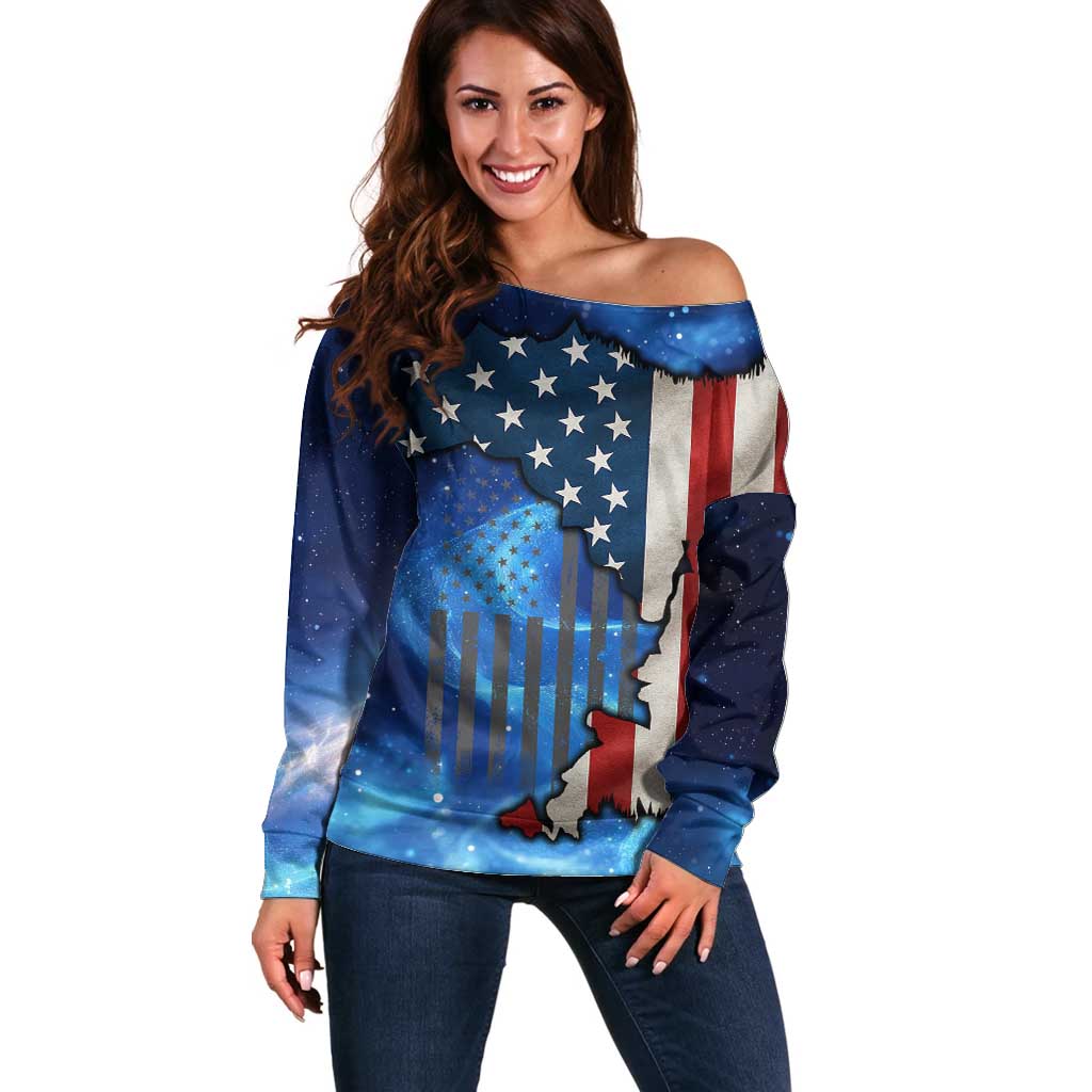 Custom American Flag Universe Patriotic Off Shoulder Sweater Blue Galaxy Sky Graphic Design - Wonder Print Shop
