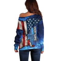 Custom American Flag Universe Patriotic Off Shoulder Sweater Blue Galaxy Sky Graphic Design - Wonder Print Shop