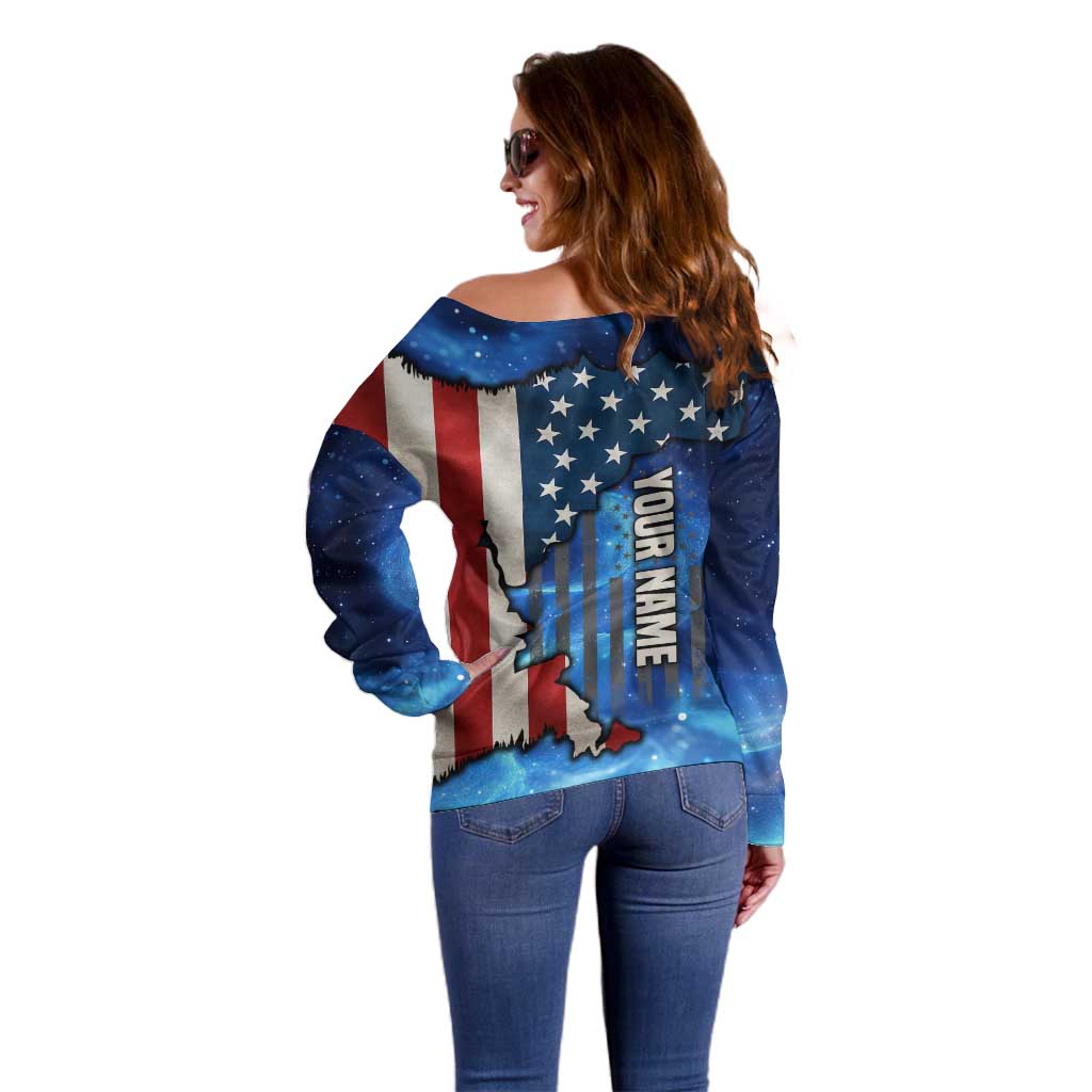 Custom American Flag Universe Patriotic Off Shoulder Sweater Blue Galaxy Sky Graphic Design - Wonder Print Shop
