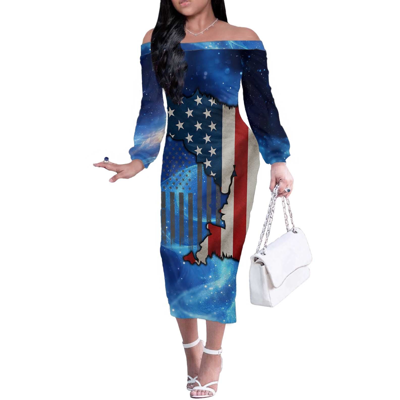 Custom American Flag Universe Patriotic Off The Shoulder Long Sleeve Dress Blue Galaxy Sky Graphic Design - Wonder Print Shop
