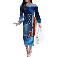 Custom American Flag Universe Patriotic Off The Shoulder Long Sleeve Dress Blue Galaxy Sky Graphic Design - Wonder Print Shop