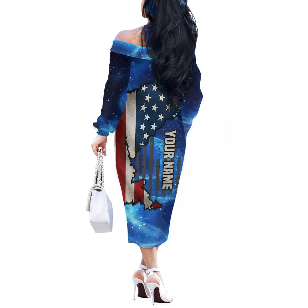 Custom American Flag Universe Patriotic Off The Shoulder Long Sleeve Dress Blue Galaxy Sky Graphic Design - Wonder Print Shop