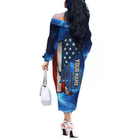Custom American Flag Universe Patriotic Off The Shoulder Long Sleeve Dress Blue Galaxy Sky Graphic Design - Wonder Print Shop