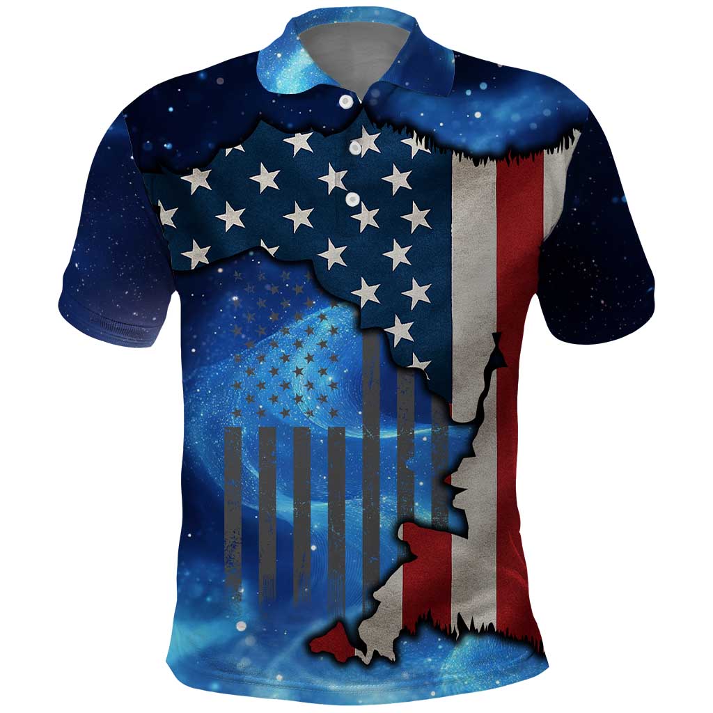 Custom American Flag Universe Patriotic Polo Shirt Blue Galaxy Sky Graphic Design - Wonder Print Shop