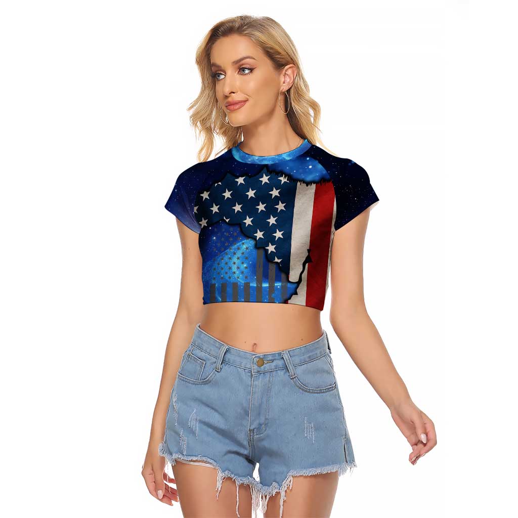Custom American Flag Universe Patriotic Raglan Cropped T Shirt Blue Galaxy Sky Graphic Design - Wonder Print Shop