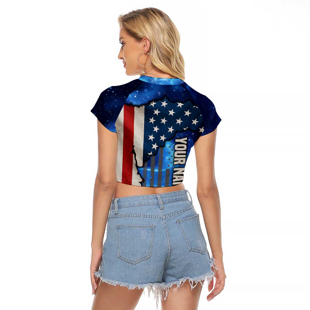 Custom American Flag Universe Patriotic Raglan Cropped T Shirt Blue Galaxy Sky Graphic Design - Wonder Print Shop