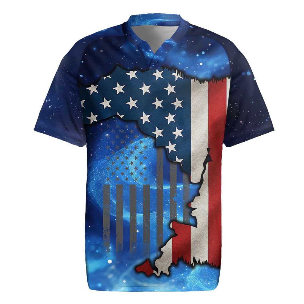 Custom American Flag Universe Patriotic Rugby Jersey Blue Galaxy Sky Graphic Design - Wonder Print Shop