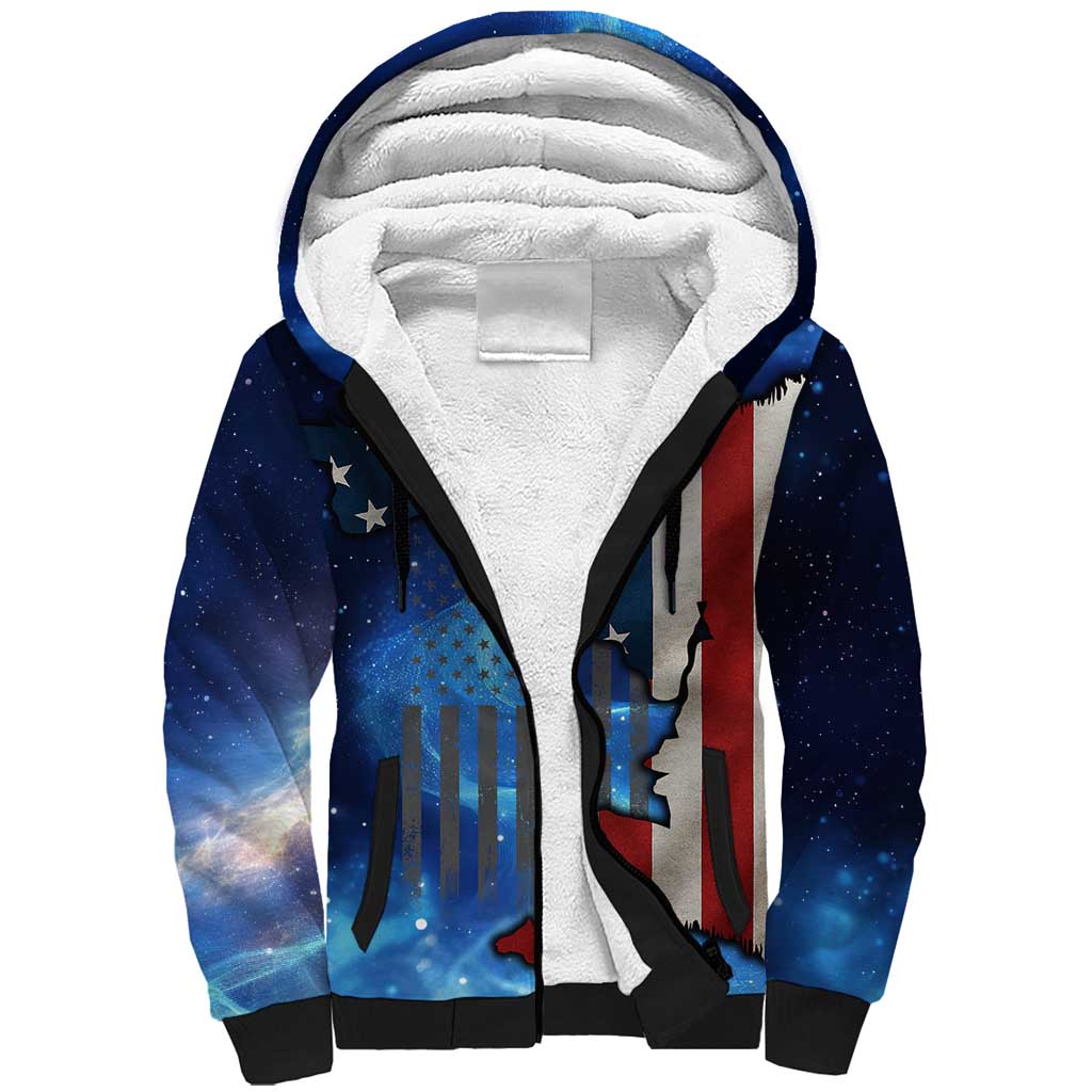 Custom American Flag Universe Patriotic Sherpa Hoodie Blue Galaxy Sky Graphic Design - Wonder Print Shop