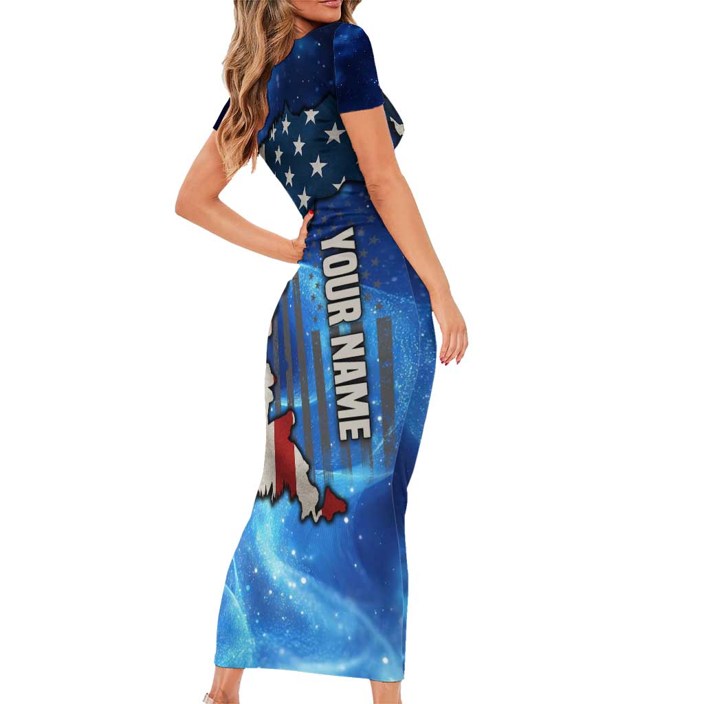 Custom American Flag Universe Patriotic Short Sleeve Bodycon Dress Blue Galaxy Sky Graphic Design - Wonder Print Shop