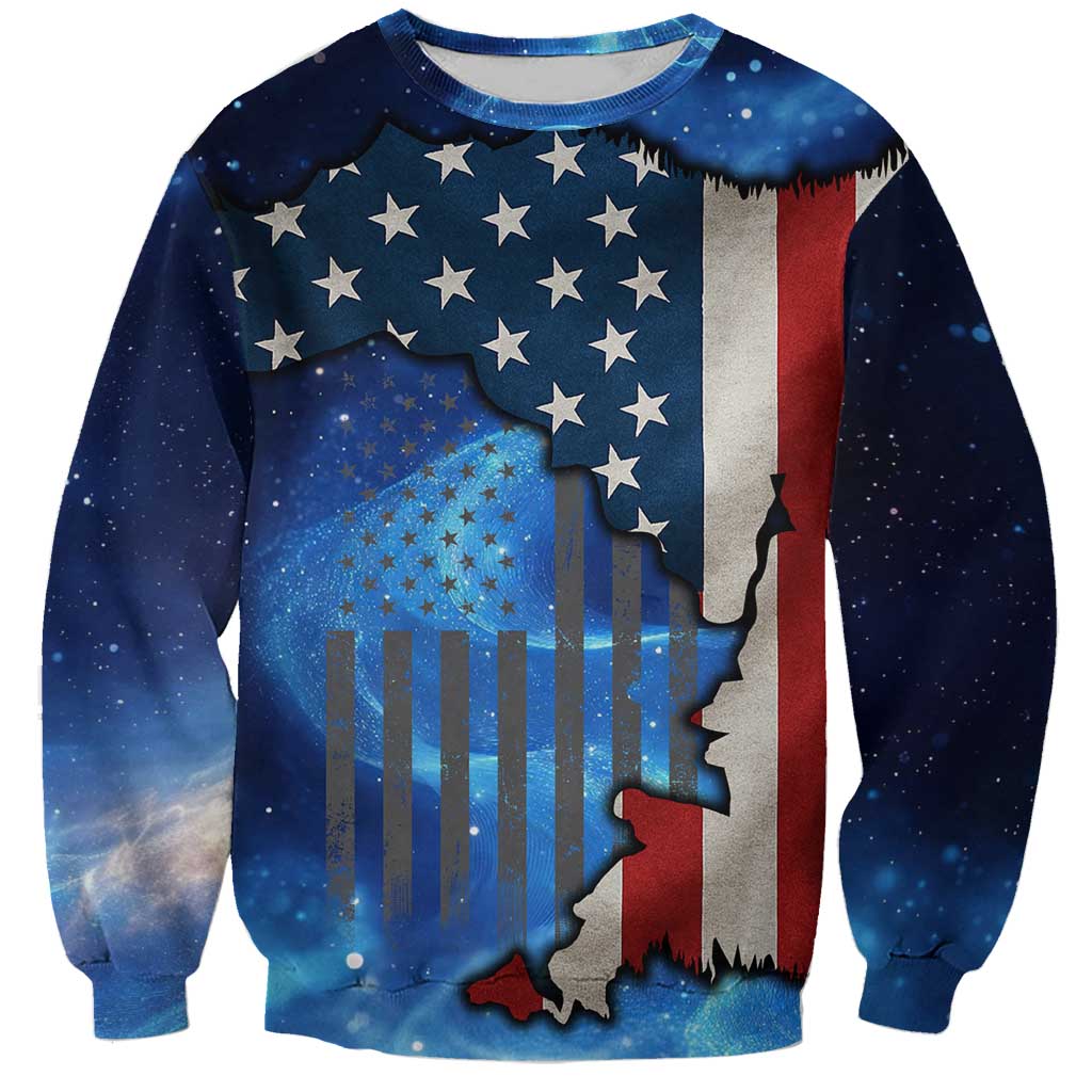 Custom American Flag Universe Patriotic Sweatshirt Blue Galaxy Sky Graphic Design - Wonder Print Shop
