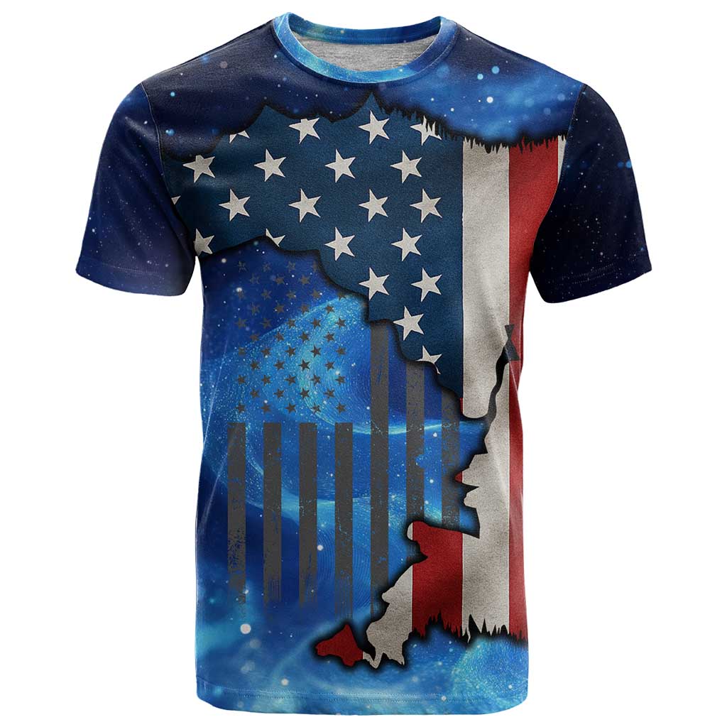 Custom American Flag Universe Patriotic T Shirt Blue Galaxy Sky Graphic Design - Wonder Print Shop