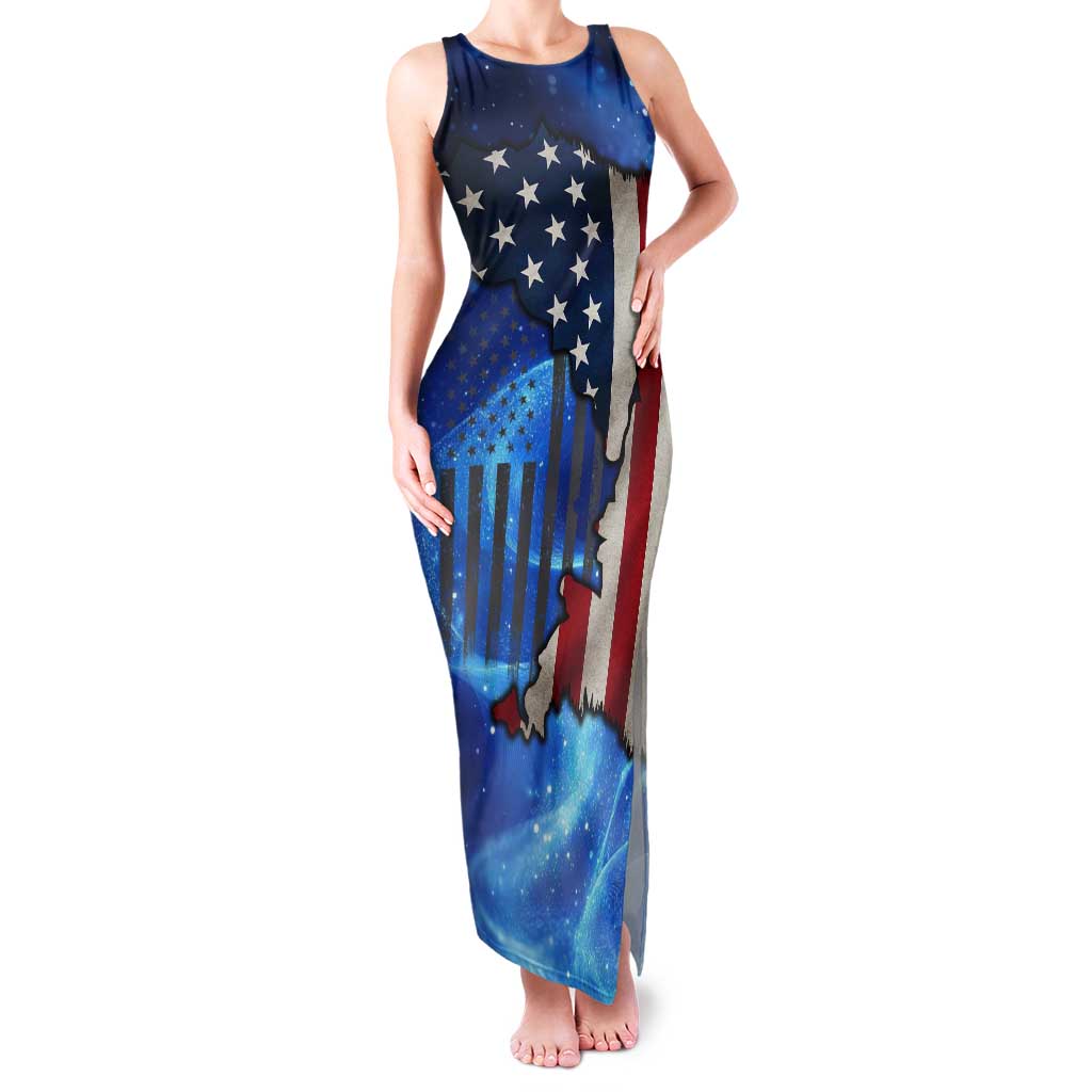 Custom American Flag Universe Patriotic Tank Maxi Dress Blue Galaxy Sky Graphic Design - Wonder Print Shop
