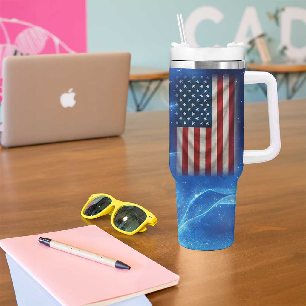 Custom American Flag Universe Patriotic Tumbler With Handle Blue Galaxy Sky Graphic Design - Wonder Print Shop