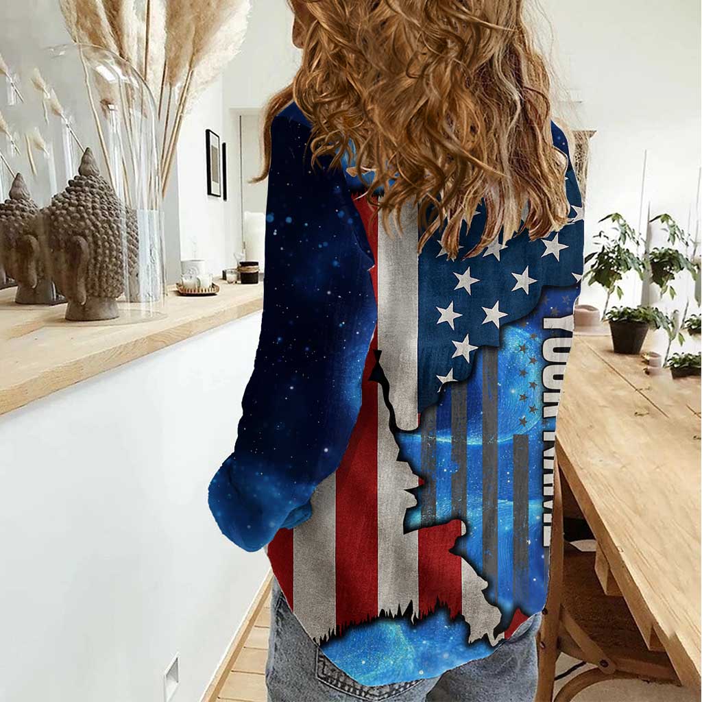 Custom American Flag Universe Patriotic Women Casual Shirt Blue Galaxy Sky Graphic Design - Wonder Print Shop