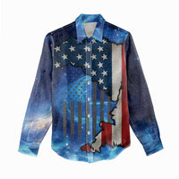 Custom American Flag Universe Patriotic Women Casual Shirt Blue Galaxy Sky Graphic Design - Wonder Print Shop