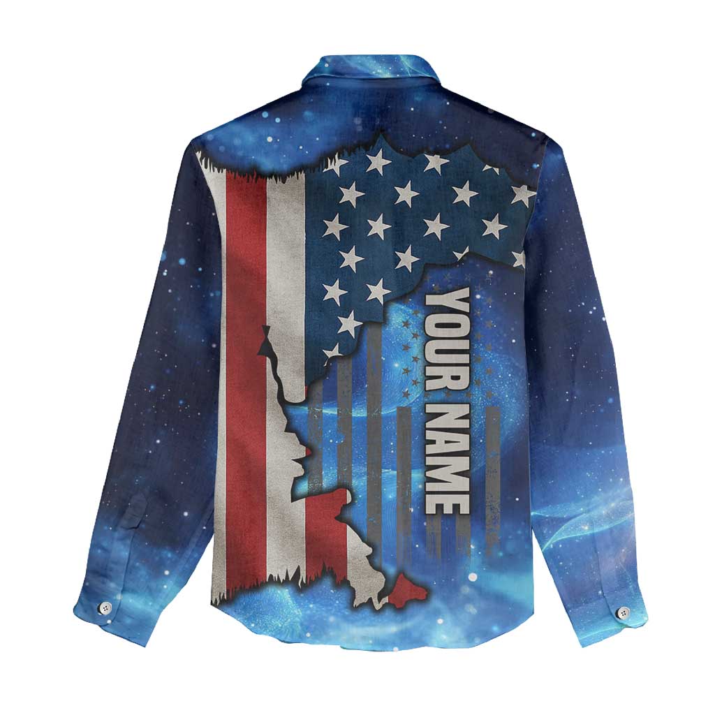 Custom American Flag Universe Patriotic Women Casual Shirt Blue Galaxy Sky Graphic Design - Wonder Print Shop