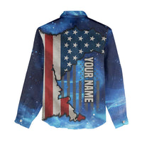 Custom American Flag Universe Patriotic Women Casual Shirt Blue Galaxy Sky Graphic Design - Wonder Print Shop
