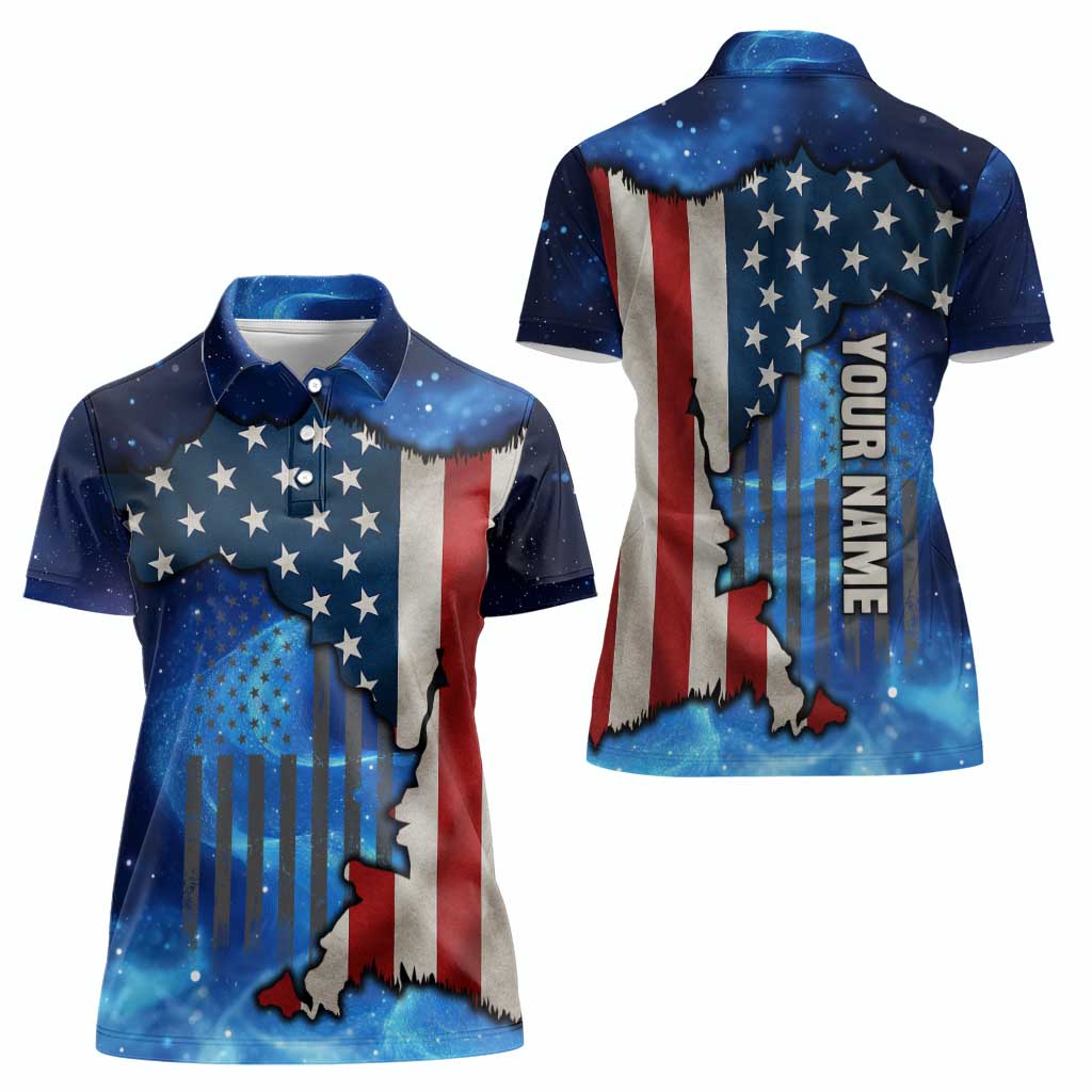 Custom American Flag Universe Patriotic Women Polo Shirt Blue Galaxy Sky Graphic Design - Wonder Print Shop