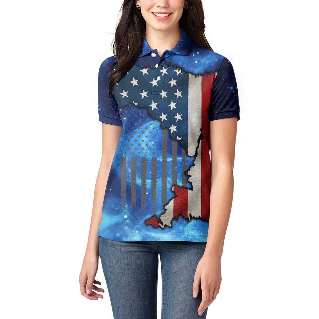 Custom American Flag Universe Patriotic Women Polo Shirt Blue Galaxy Sky Graphic Design - Wonder Print Shop