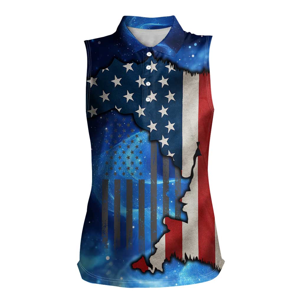 Custom American Flag Universe Patriotic Women Sleeveless Polo Shirt Blue Galaxy Sky Graphic Design - Wonder Print Shop