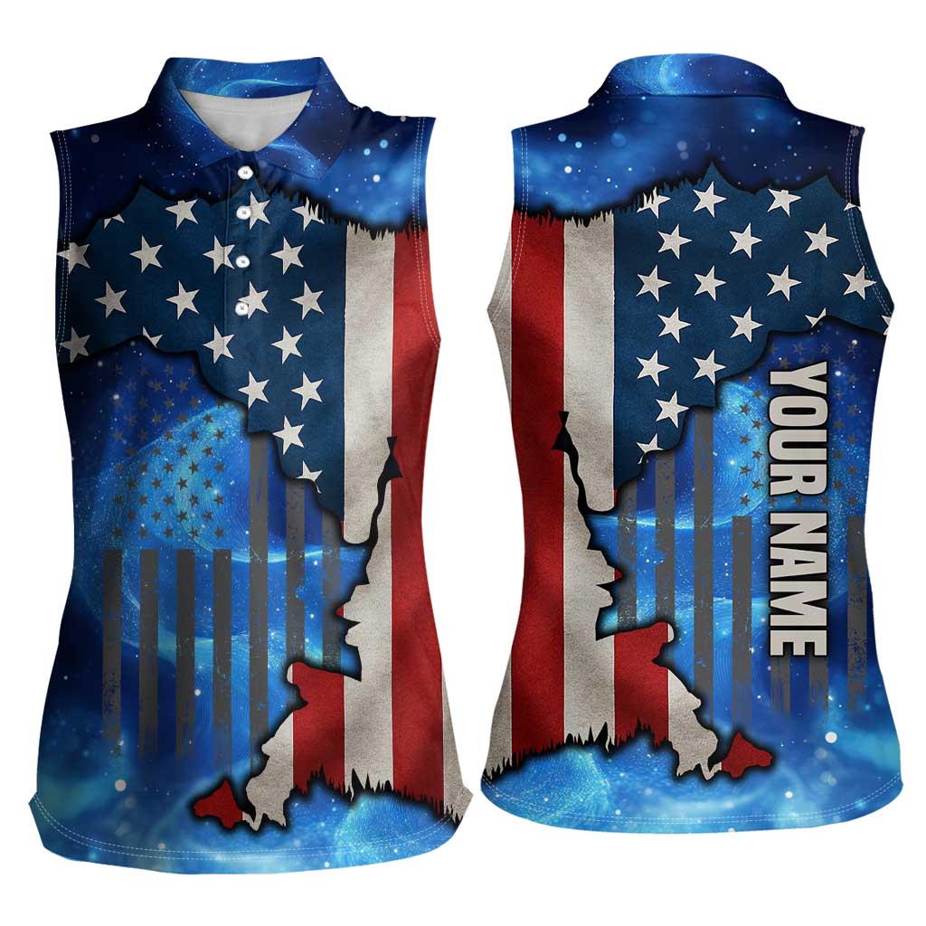 Custom American Flag Universe Patriotic Women Sleeveless Polo Shirt Blue Galaxy Sky Graphic Design - Wonder Print Shop