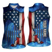 Custom American Flag Universe Patriotic Women Sleeveless Polo Shirt Blue Galaxy Sky Graphic Design - Wonder Print Shop