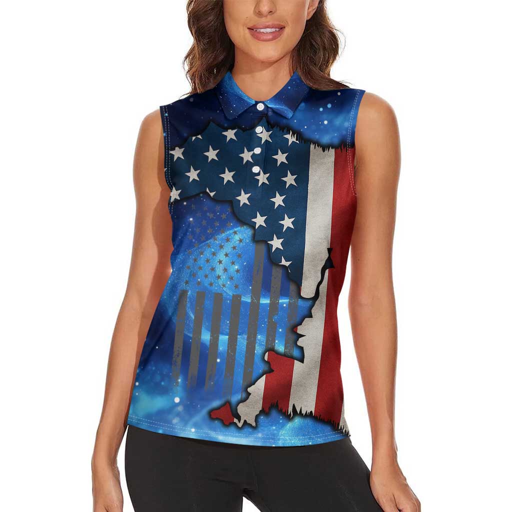 Custom American Flag Universe Patriotic Women Sleeveless Polo Shirt Blue Galaxy Sky Graphic Design - Wonder Print Shop