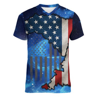 Custom American Flag Universe Patriotic Women V-Neck T-Shirt Blue Galaxy Sky Graphic Design - Wonder Print Shop