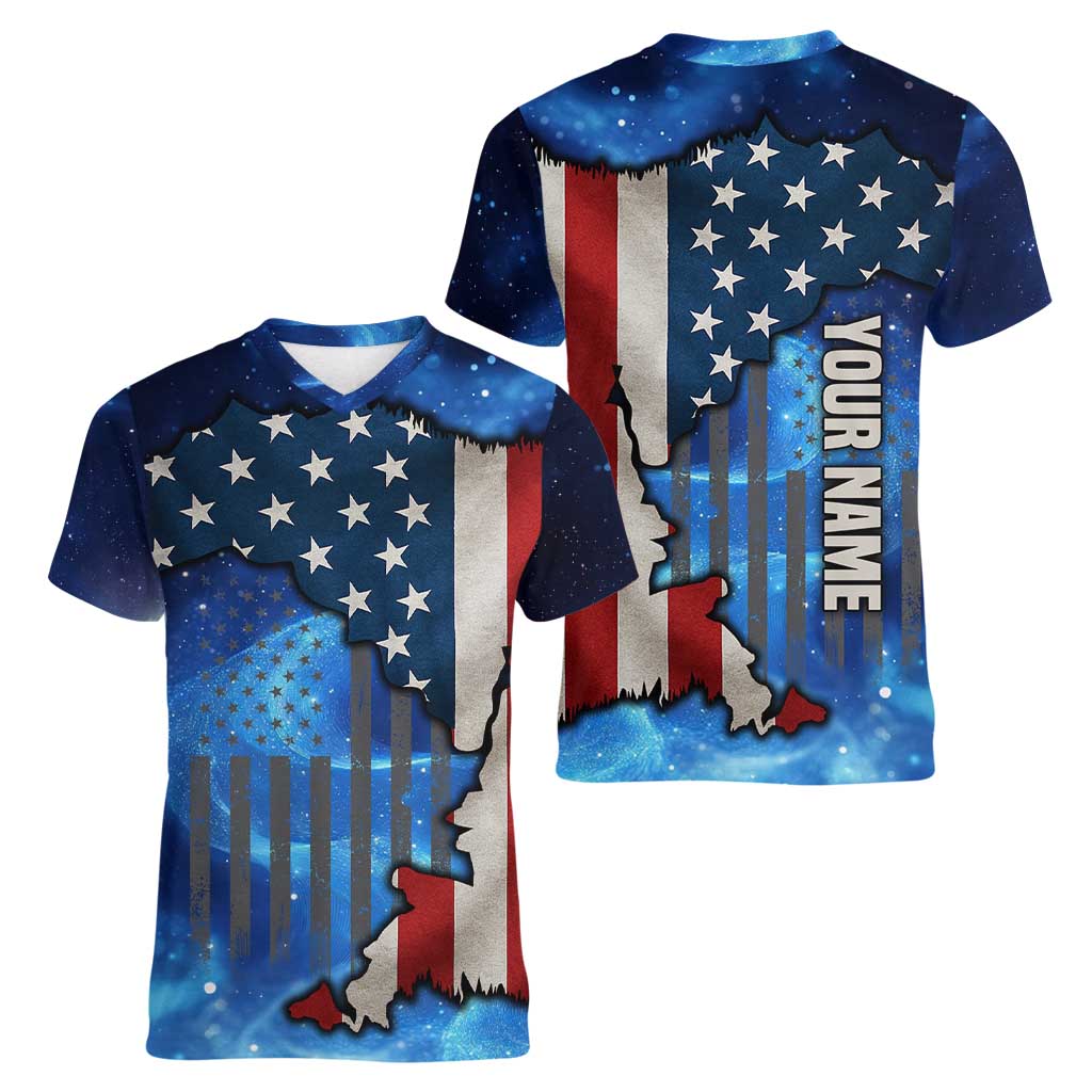 Custom American Flag Universe Patriotic Women V-Neck T-Shirt Blue Galaxy Sky Graphic Design - Wonder Print Shop