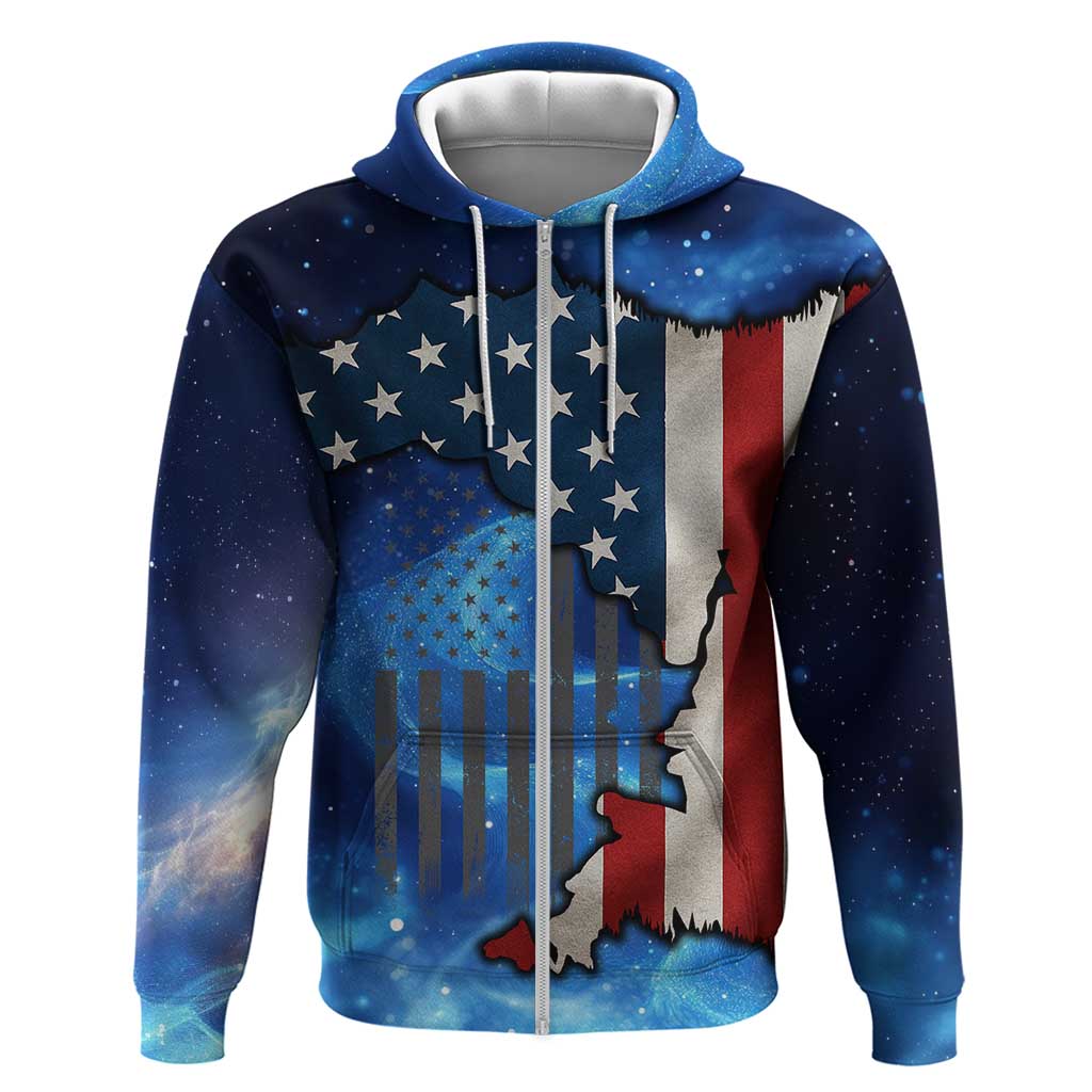 Custom American Flag Universe Patriotic Zip Hoodie Blue Galaxy Sky Graphic Design - Wonder Print Shop