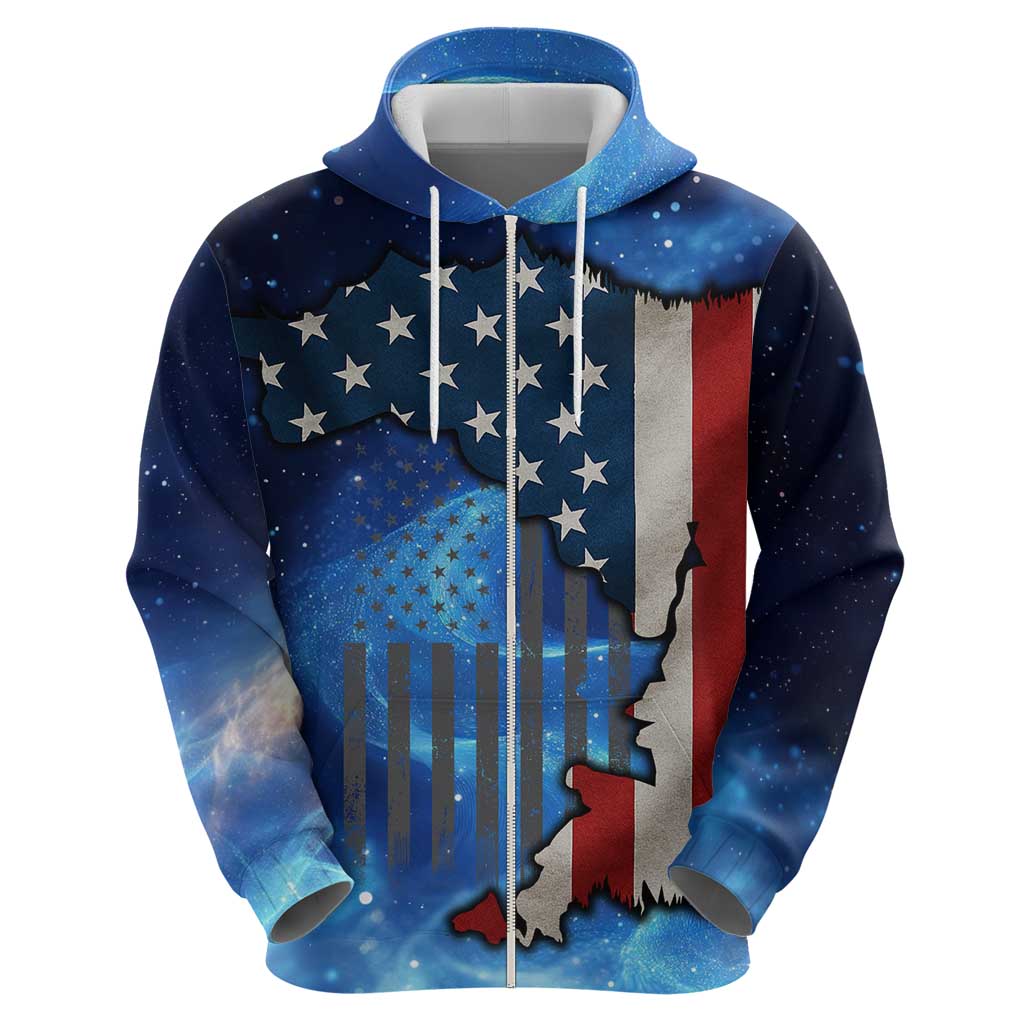 Custom American Flag Universe Patriotic Zip Hoodie Blue Galaxy Sky Graphic Design - Wonder Print Shop