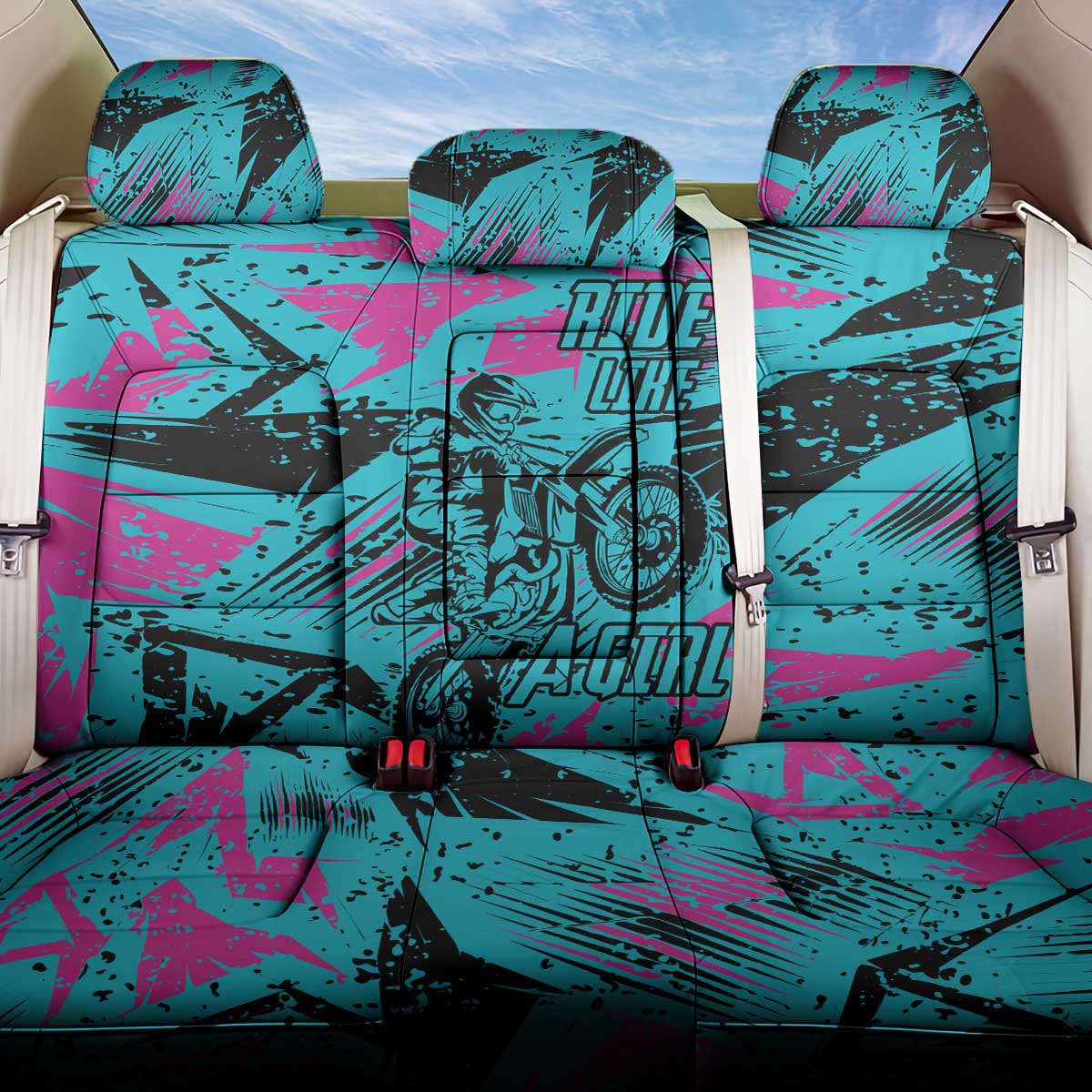 Personalized Ride Like a Girl Back Car Seat Cover Motocross Graphic and Turquoise Pink Graffiti Design - Wonder Print Shop