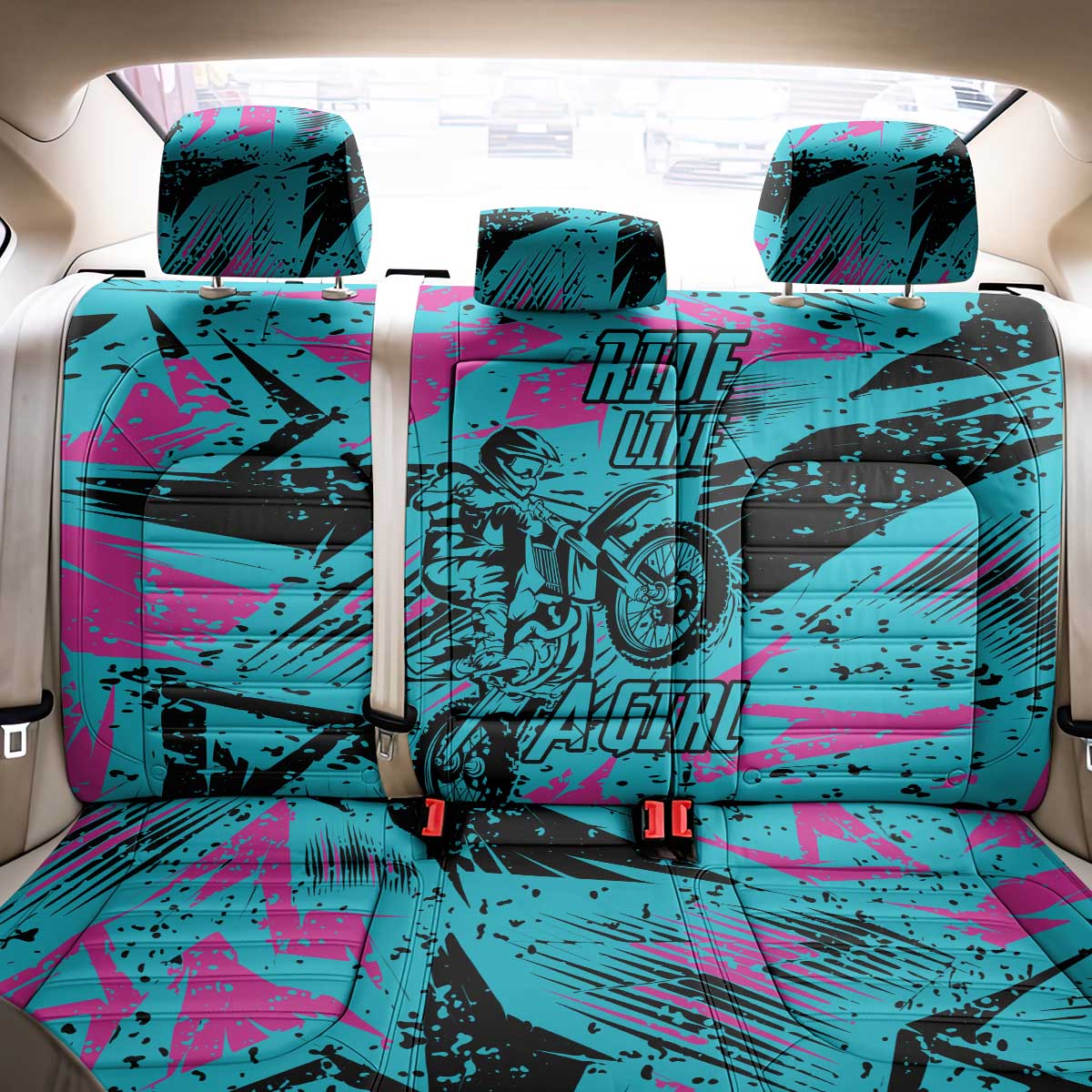 Personalized Ride Like a Girl Back Car Seat Cover Motocross Graphic and Turquoise Pink Graffiti Design - Wonder Print Shop