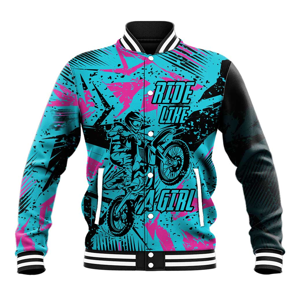 Personalized Ride Like a Girl Baseball Jacket Motocross Graphic and Turquoise Pink Graffiti Design - Wonder Print Shop