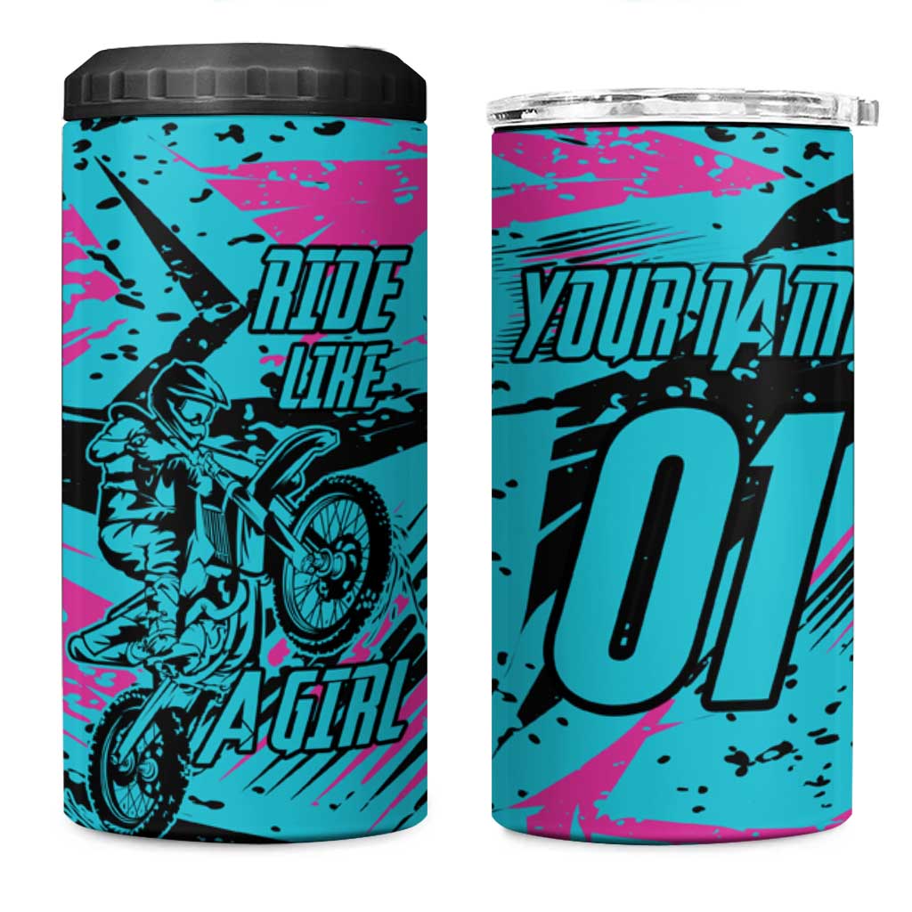 Personalized Ride Like a Girl 4 in 1 Can Cooler Tumbler Motocross Graphic and Turquoise Pink Graffiti Design - Wonder Print Shop
