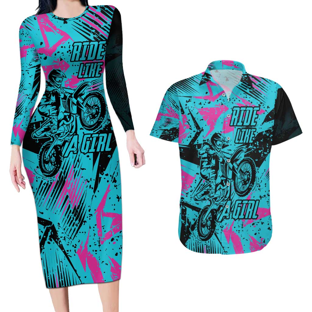 Personalized Ride Like a Girl Couples Matching Long Sleeve Bodycon Dress and Hawaiian Shirt Motocross Graphic and Turquoise Pink Graffiti Design - Wonder Print Shop