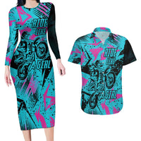 Personalized Ride Like a Girl Couples Matching Long Sleeve Bodycon Dress and Hawaiian Shirt Motocross Graphic and Turquoise Pink Graffiti Design - Wonder Print Shop