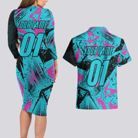 Personalized Ride Like a Girl Couples Matching Long Sleeve Bodycon Dress and Hawaiian Shirt Motocross Graphic and Turquoise Pink Graffiti Design - Wonder Print Shop