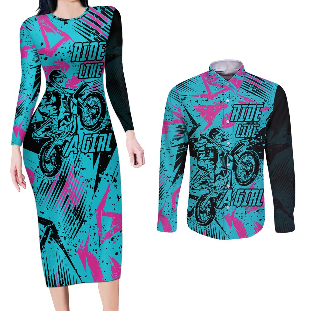 Personalized Ride Like a Girl Couples Matching Long Sleeve Bodycon Dress and Long Sleeve Button Shirt Motocross Graphic and Turquoise Pink Graffiti Design - Wonder Print Shop