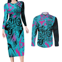 Personalized Ride Like a Girl Couples Matching Long Sleeve Bodycon Dress and Long Sleeve Button Shirt Motocross Graphic and Turquoise Pink Graffiti Design - Wonder Print Shop