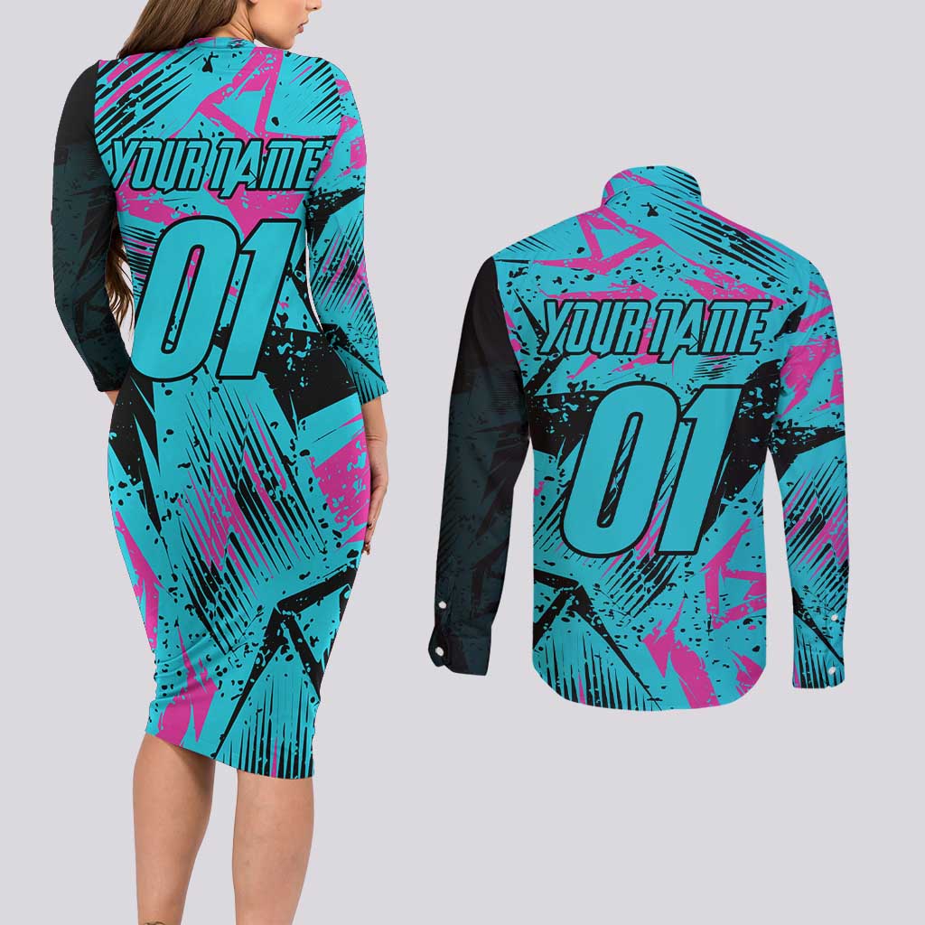 Personalized Ride Like a Girl Couples Matching Long Sleeve Bodycon Dress and Long Sleeve Button Shirt Motocross Graphic and Turquoise Pink Graffiti Design - Wonder Print Shop