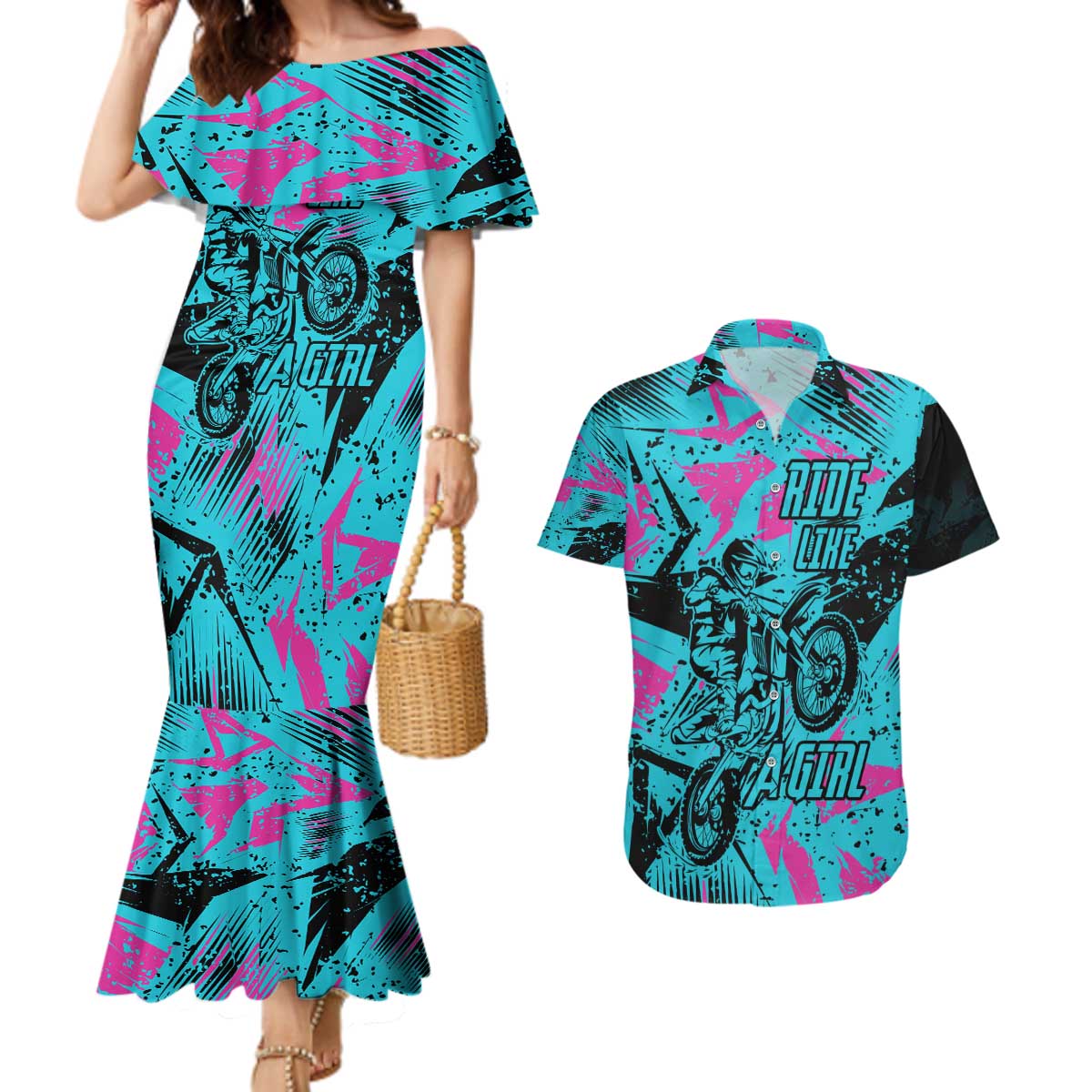 Personalized Ride Like a Girl Couples Matching Mermaid Dress and Hawaiian Shirt Motocross Graphic and Turquoise Pink Graffiti Design - Wonder Print Shop