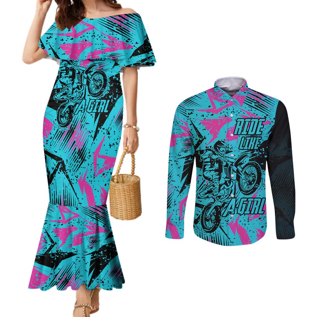 Personalized Ride Like a Girl Couples Matching Mermaid Dress and Long Sleeve Button Shirt Motocross Graphic and Turquoise Pink Graffiti Design - Wonder Print Shop