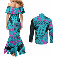 Personalized Ride Like a Girl Couples Matching Mermaid Dress and Long Sleeve Button Shirt Motocross Graphic and Turquoise Pink Graffiti Design - Wonder Print Shop