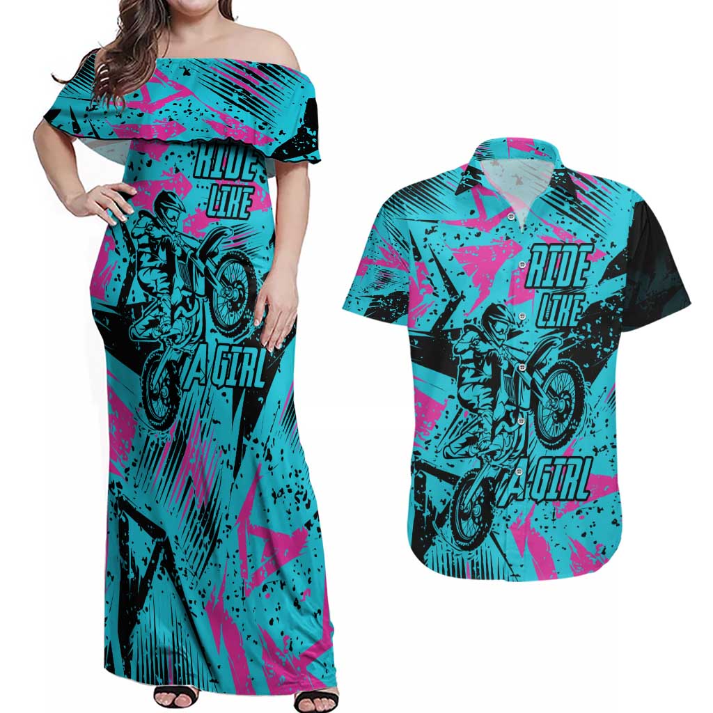 Personalized Ride Like a Girl Couples Matching Off Shoulder Maxi Dress and Hawaiian Shirt Motocross Graphic and Turquoise Pink Graffiti Design - Wonder Print Shop