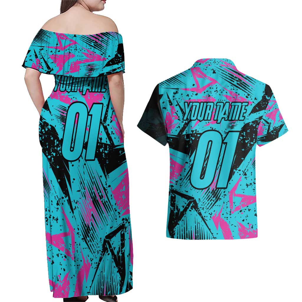 Personalized Ride Like a Girl Couples Matching Off Shoulder Maxi Dress and Hawaiian Shirt Motocross Graphic and Turquoise Pink Graffiti Design - Wonder Print Shop