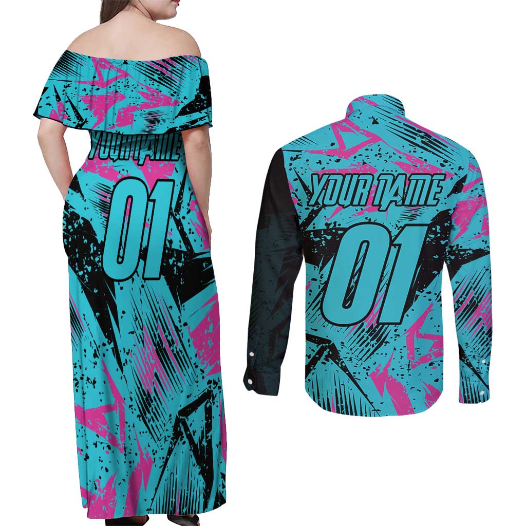 Personalized Ride Like a Girl Couples Matching Off Shoulder Maxi Dress and Long Sleeve Button Shirt Motocross Graphic and Turquoise Pink Graffiti Design - Wonder Print Shop