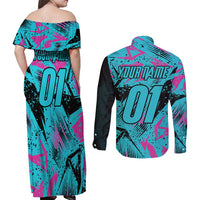Personalized Ride Like a Girl Couples Matching Off Shoulder Maxi Dress and Long Sleeve Button Shirt Motocross Graphic and Turquoise Pink Graffiti Design - Wonder Print Shop