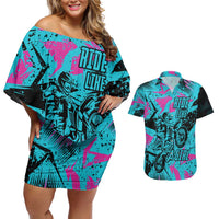 Personalized Ride Like a Girl Couples Matching Off Shoulder Short Dress and Hawaiian Shirt Motocross Graphic and Turquoise Pink Graffiti Design - Wonder Print Shop