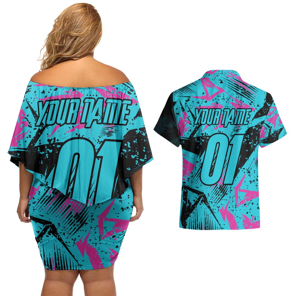 Personalized Ride Like a Girl Couples Matching Off Shoulder Short Dress and Hawaiian Shirt Motocross Graphic and Turquoise Pink Graffiti Design - Wonder Print Shop